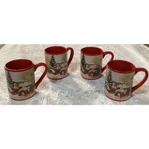 Set Of 4 Old Time Pottery Christmas Coffee Mugs Cups With Vintage Truck Scene
